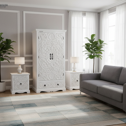 ADOUER WOOD Hand-Carved Solid Wood Wardrobe – Bohemian Floral Mandala Armoire with Integrated Storage Drawer