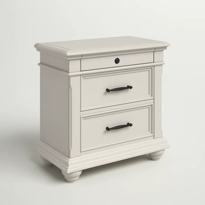 ADOUER WOOD "Classic White Wooden Bedside Table with Three Drawers