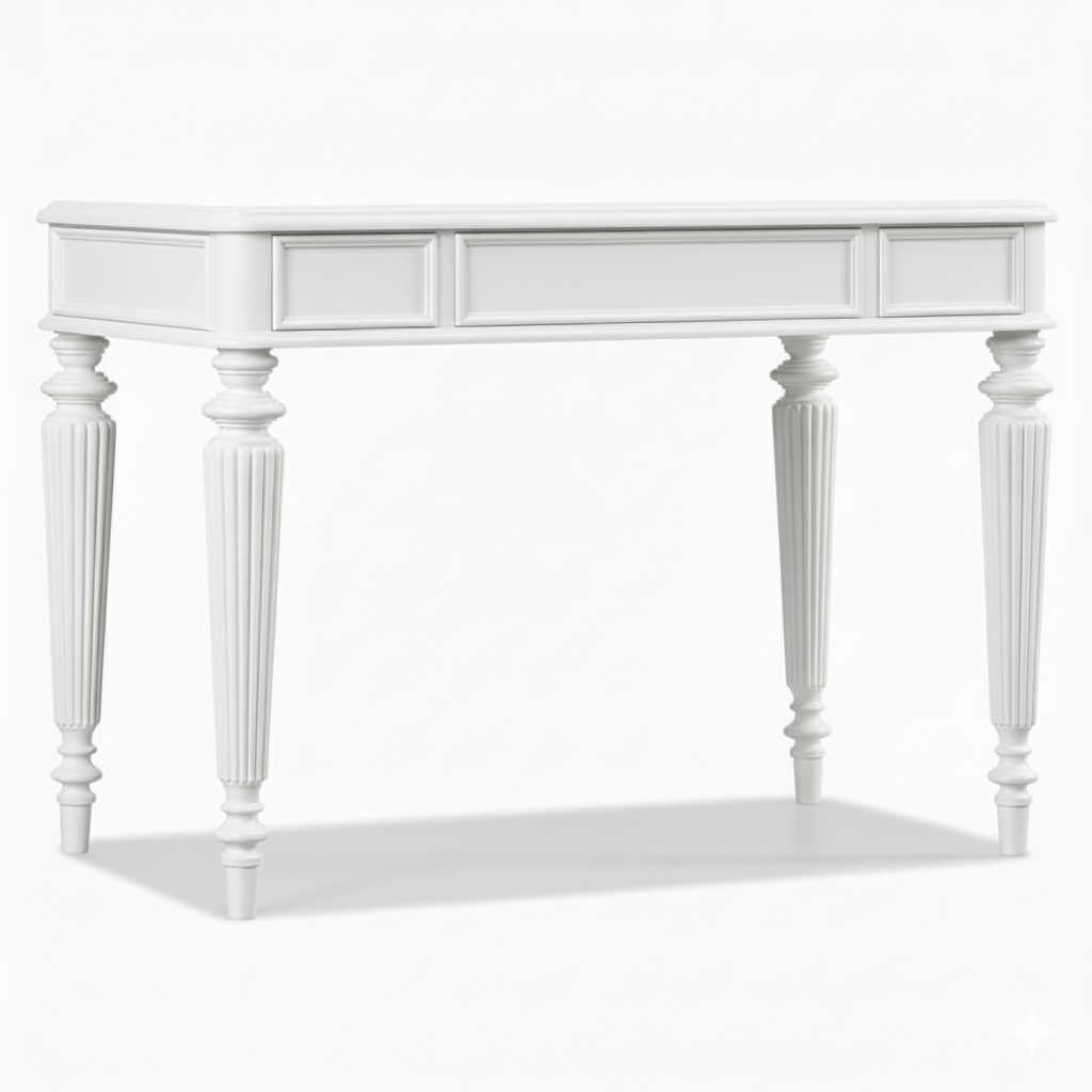 Adouer Wood "PU Finish Solid Wood Writing Desk – 42'' Classic Carved Desk with Fluted Legs and Rich White / Pink / Black