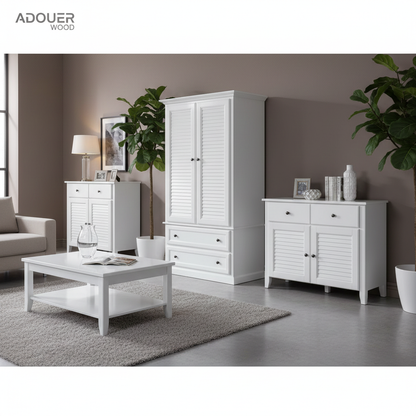 ADOUER WOOD Solid Wood 2-Door Wardrobe – Louvered Shutter Door Armoire with 2 Deep Storage Drawers – Breathable Design Almirah