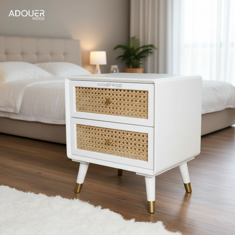 Solid Wood Bedside Table with 2 Rattan Drawers Mid Century Night Stand for Living Room, Bedroom