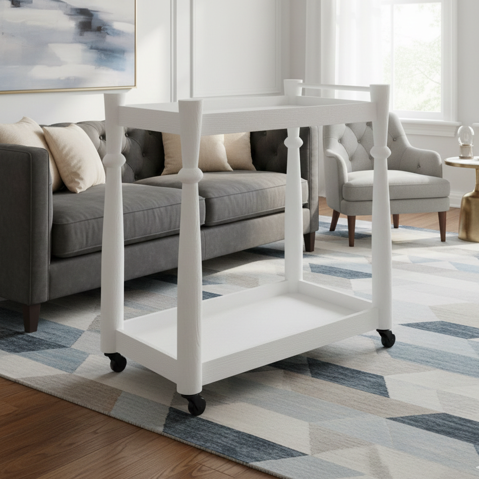 ADOUER WOOD Solid Wood  2-Tier Rolling Bar Cart with Spindle Legs and Locking Casters