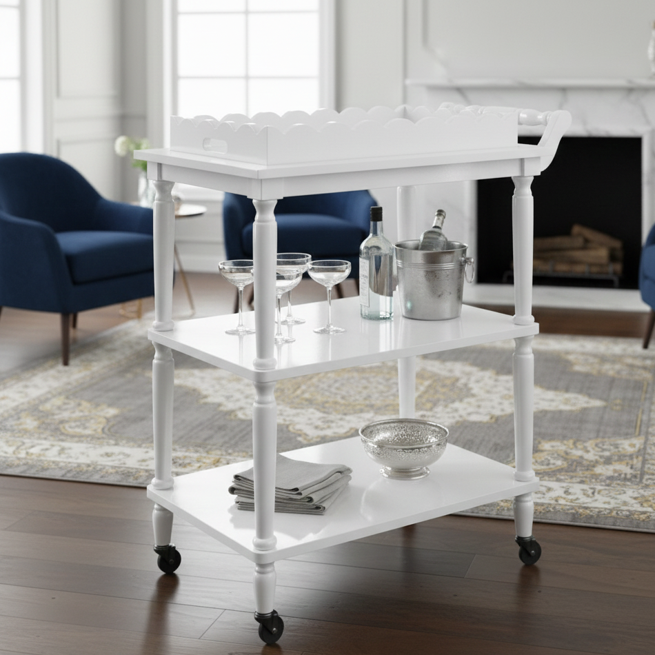 ADOUER WOOD  3-Tier Rolling Bar Cart with Removable Scalloped Tray and Spindle Legs