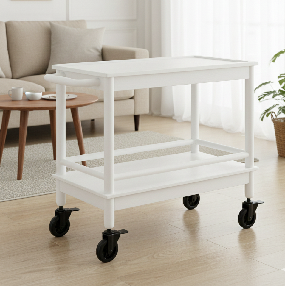 ADOUER WOOD Premium Acacia Wood Bar Cart – 2-Tier Mobile Serving Trolley with Solid Wood Frame & Handle – Rolling Kitchen Island with PVC Wheels