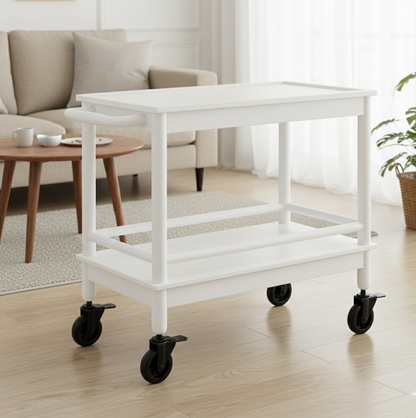 ADOUER WOOD Premium Acacia Wood Bar Cart – 2-Tier Mobile Serving Trolley with Solid Wood Frame & Handle – Rolling Kitchen Island with PVC Wheels