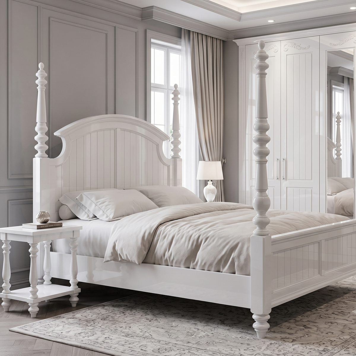 A white wooden four-poster bed with a paneled headboard and matching footboard, styled in a bright, elegant bedroom with a white nightstand, beige curtains, and a gray paneled wall.