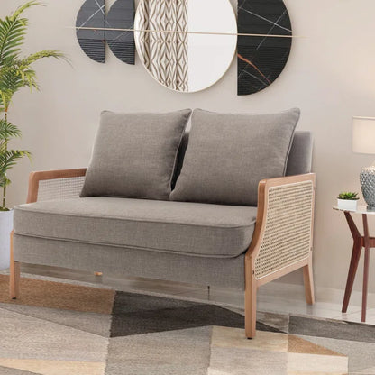ADOUER WOOD Upholstered 2 Seater Loveseat Premium Cane Sofa