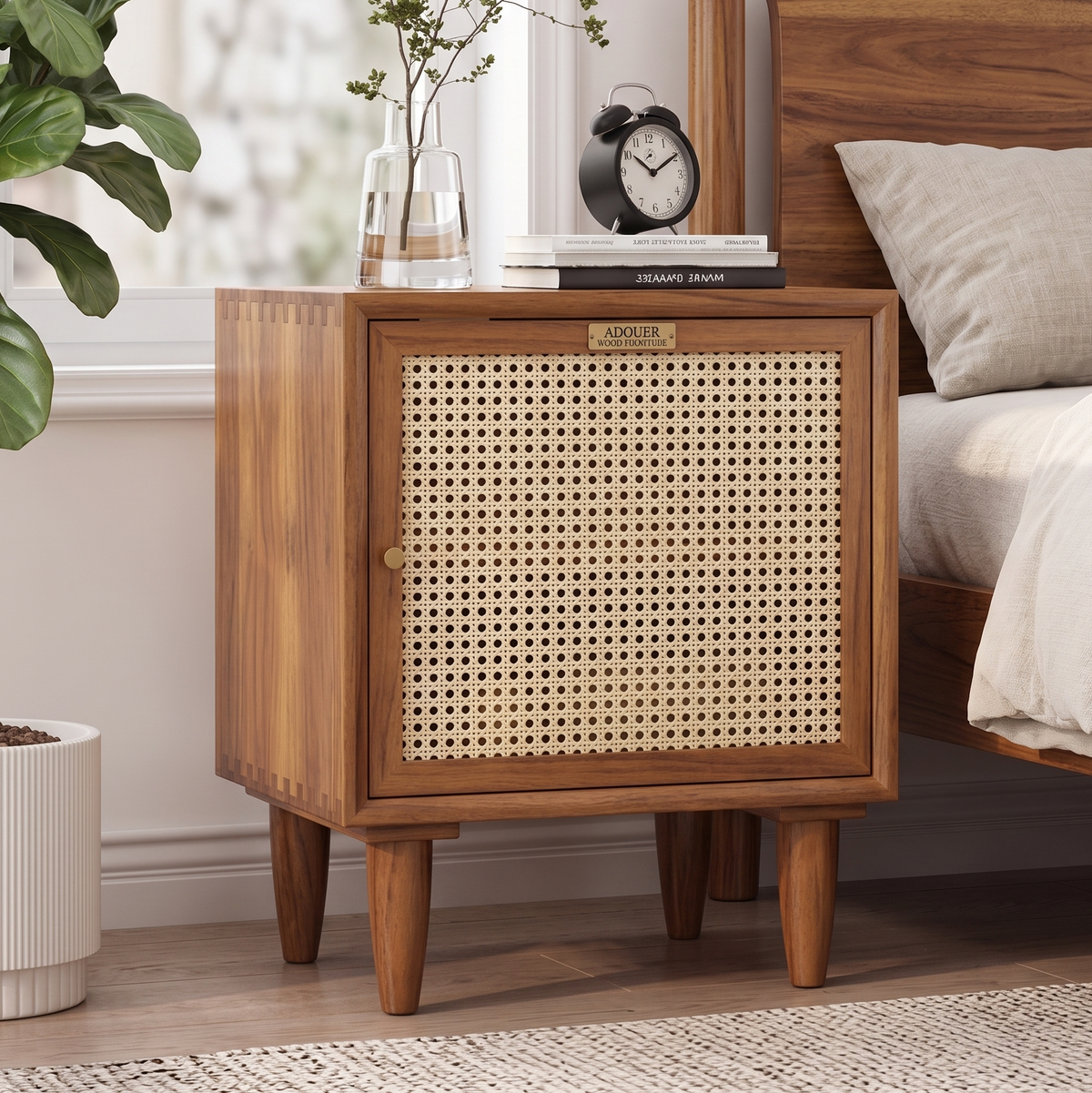 ADOUER WOOD Natural Solid Wood Nightstand I Bedside table with Rattan Mesh Door & Tapered Legs