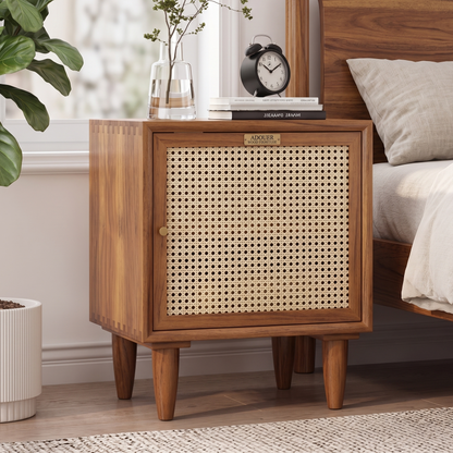 ADOUER WOOD Natural Solid Wood Nightstand I Bedside table with Rattan Mesh Door & Tapered Legs