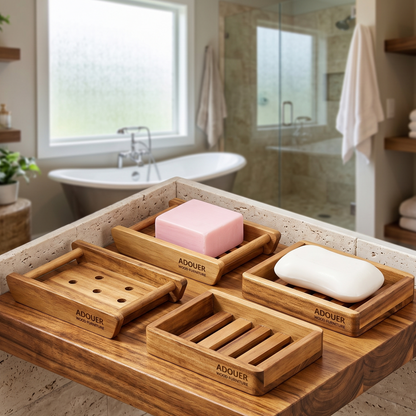 Natural Wooden Soap Dish Holder I  Soap Saver Tray for Bathroom & Shower (Set Of 4 Pcs )