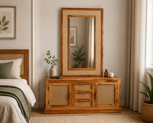 A warm-toned wooden Ratan Dressing table console cabinet with woven cane panels, styled in a bedroom setting under a matching wooden mirror, next to a bed.