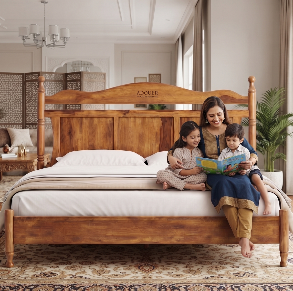 A wooden bed frame with a carved headboard engraved with the brand 'ADOUER Wood' is shown in a beautifully decorated bedroom. A woman and two children are sitting on the bed, reading a book.