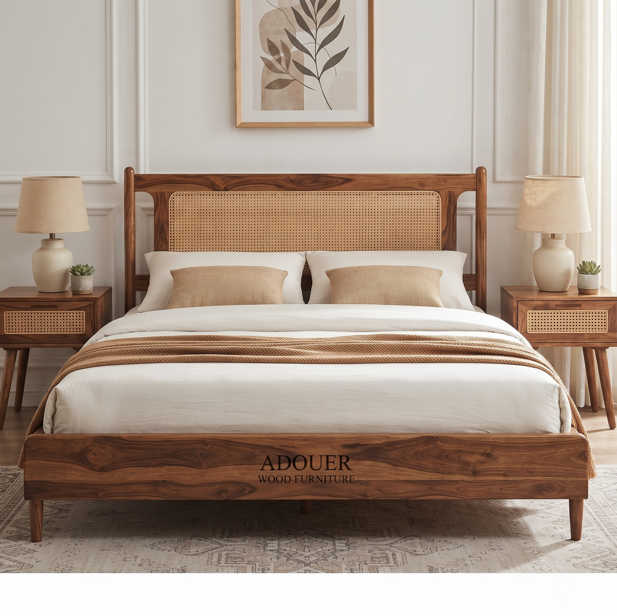 A wooden bed frame with a woven cane headboard and footboard, styled with white and beige bedding in a bright, modern bedroom. The brand name 'ADOUER WOOD FURNITURE' is printed on the bottom front of the frame.