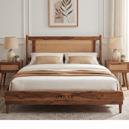 A wooden bed frame with a woven cane headboard and footboard, styled with white and beige bedding in a bright, modern bedroom. The brand name 'ADOUER WOOD FURNITURE' is printed on the bottom front of the frame.