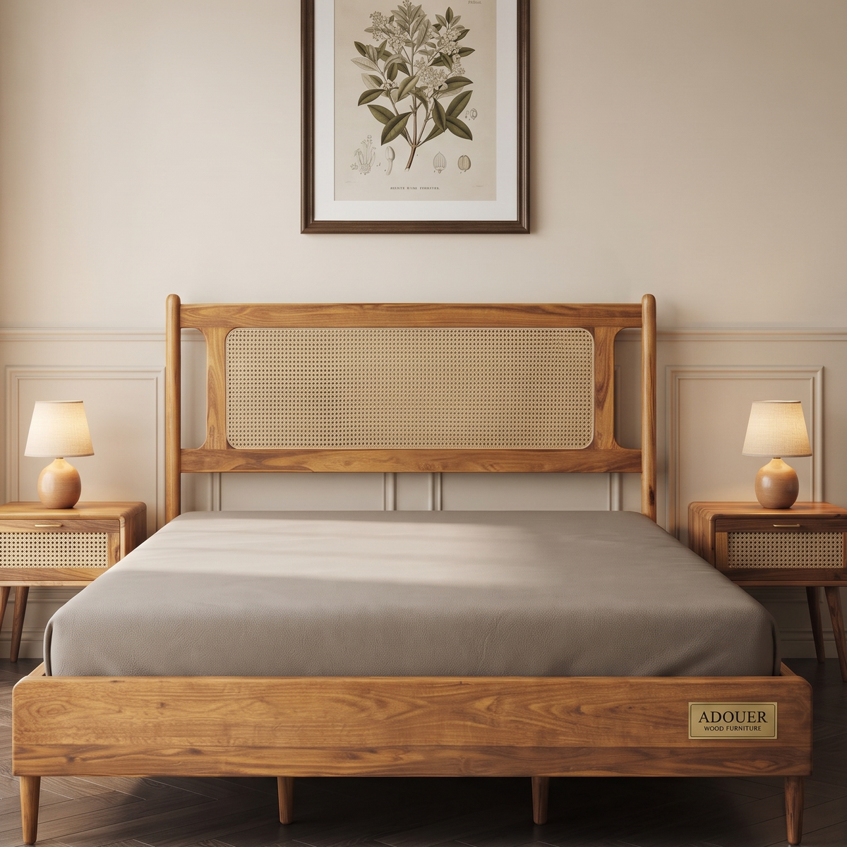 A wooden bed frame with a cane panel headboard and matching footboard, styled in a bedroom with two bedside tables, lamps, and a framed botanical print on the wall. The brand name 'ADOUER' is visible on a small plaque on the footboard.