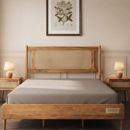 A wooden bed frame with a cane panel headboard and matching footboard, styled in a bedroom with two bedside tables, lamps, and a framed botanical print on the wall. The brand name 'ADOUER' is visible on a small plaque on the footboard.