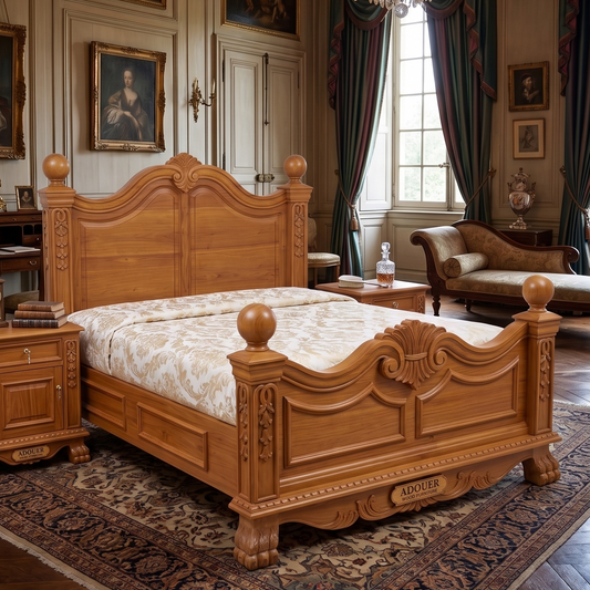 An ornate carved wooden bed frame with a high arched headboard and footboard, styled in a classic vintage bedroom with a matching wooden nightstand, patterned rug, and antique furnishings.