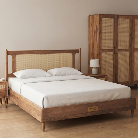 A wooden bed frame with a woven cane headboard and footboard, styled with white bedding in a warm, minimalist bedroom. A matching wooden wardrobe and side table are visible in the background.