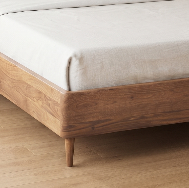 A close-up of a wooden bed frame with tapered legs and a white mattress, set on a light wood floor.