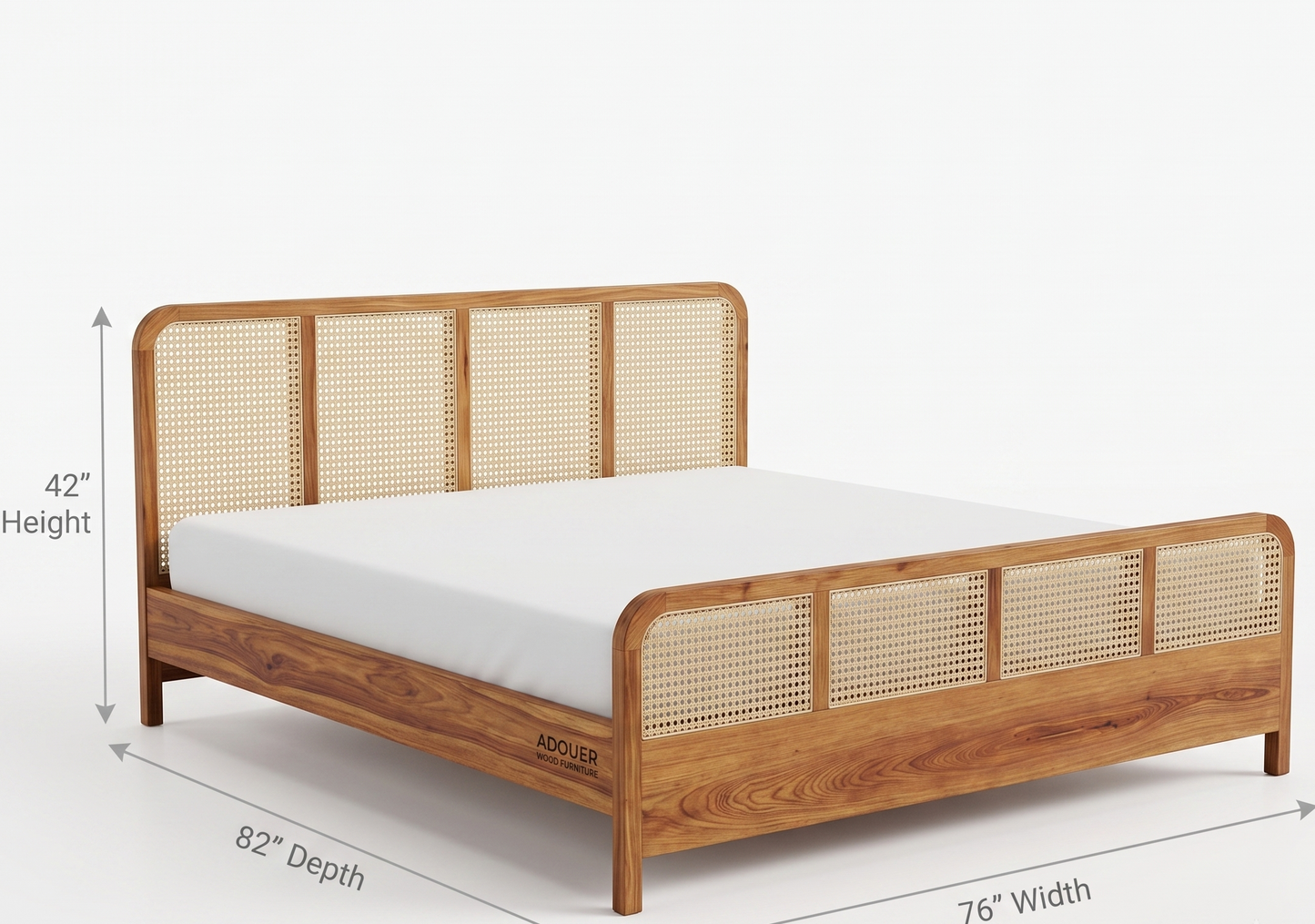 A wooden bed frame with woven cane panels, shown with dimension arrows and labels indicating 82" depth, 76" width, and 42" height on a clean white background.