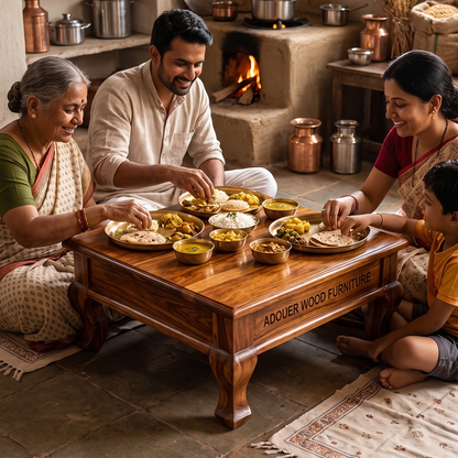 A family gathered around a carved wooden coffee table in a rustic kitchen, sharing food. The table has 'ADOUER WOOD FURNITURE' engraved on the front.