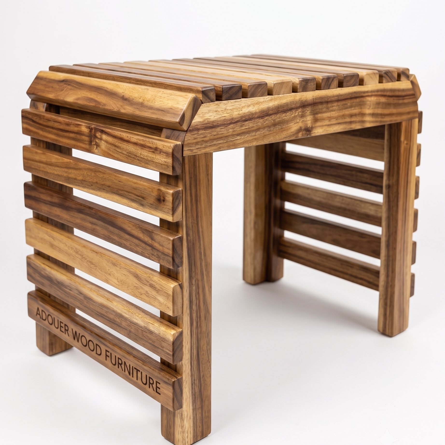 A wooden folding stool with a slatted seat, made from dark brown wood with lighter natural wood accents. The brand name 'ADOUER WOOD FURNITURE' is engraved on the front left leg.