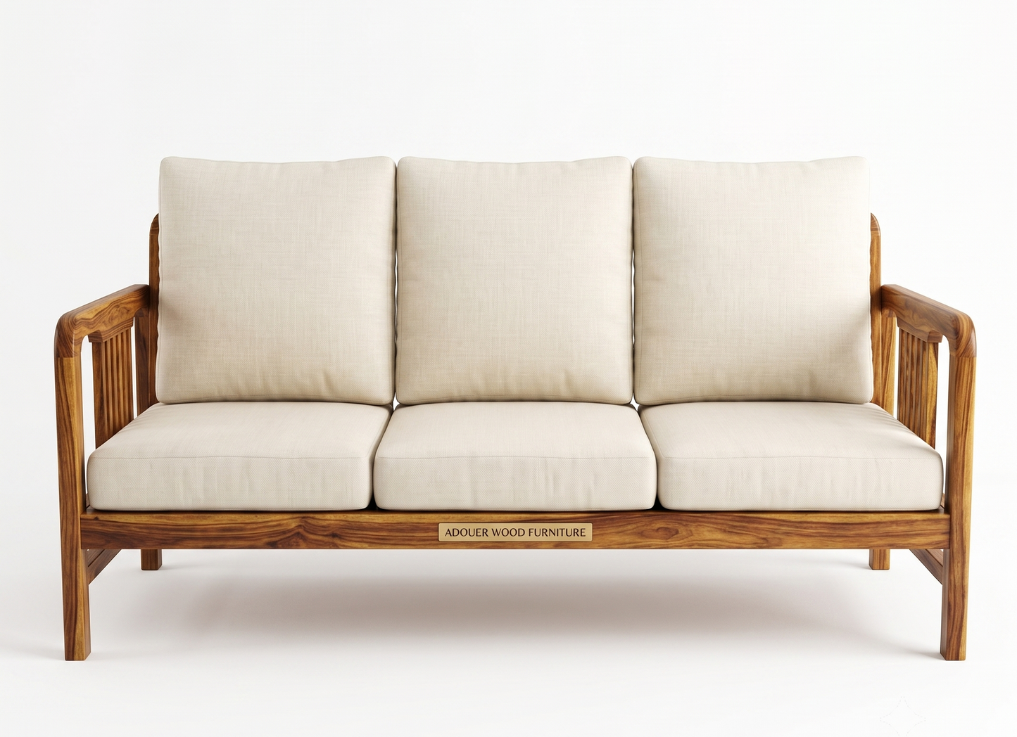 Adouer Wood 3-Seater Solid Wood Frame Sofa with Cream Beige Cushions