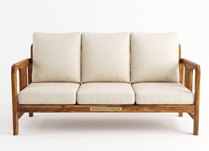 Adouer Wood 3-Seater Solid Wood Frame Sofa with Cream Beige Cushions