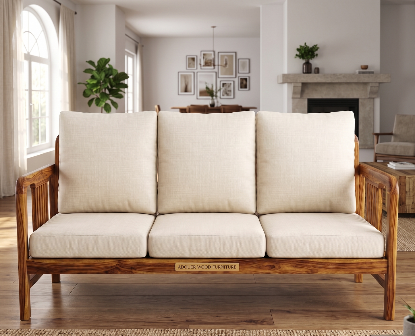 Adouer Wood 3-Seater Solid Wood Frame Sofa with Cream Beige Cushions