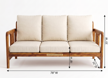 Adouer Wood 3-Seater Solid Wood Frame Sofa with Cream Beige Cushions