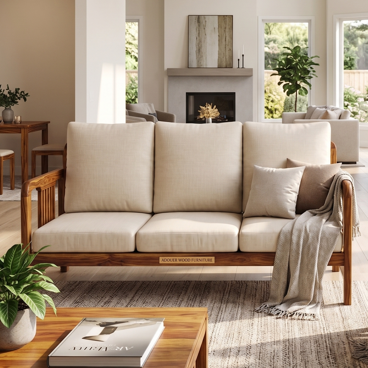 Adouer Wood 3-Seater Solid Wood Frame Sofa with Cream Beige Cushions