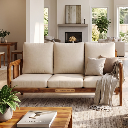Adouer Wood 3-Seater Solid Wood Frame Sofa with Cream Beige Cushions
