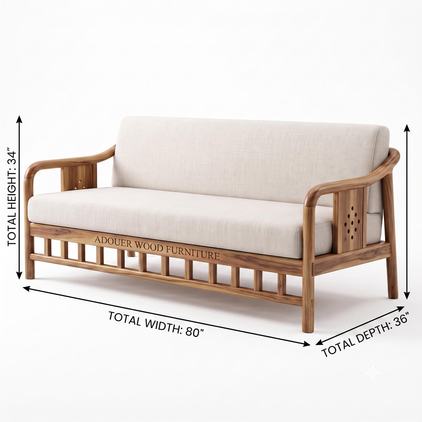 Adouer Wood Japandi Solid  Sheesham Wood Frame Sofa with Cream Linen-Feel Cushions
