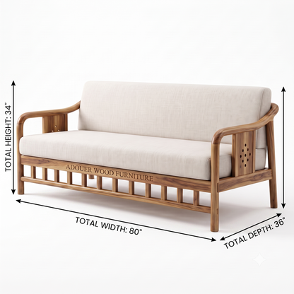 Adouer Wood Japandi Solid  Sheesham Wood Frame Sofa with Cream Linen-Feel Cushions
