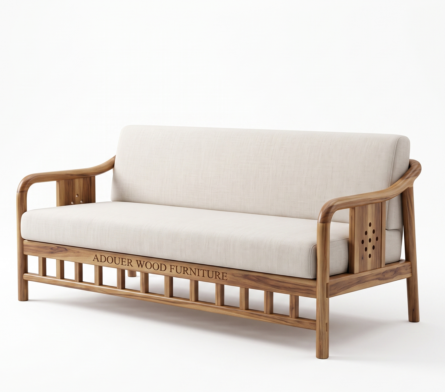 Adouer Wood Japandi Solid  Sheesham Wood Frame Sofa with Cream Linen-Feel Cushions
