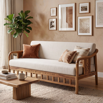 Adouer Wood Japandi Solid  Sheesham Wood Frame Sofa with Cream Linen-Feel Cushions