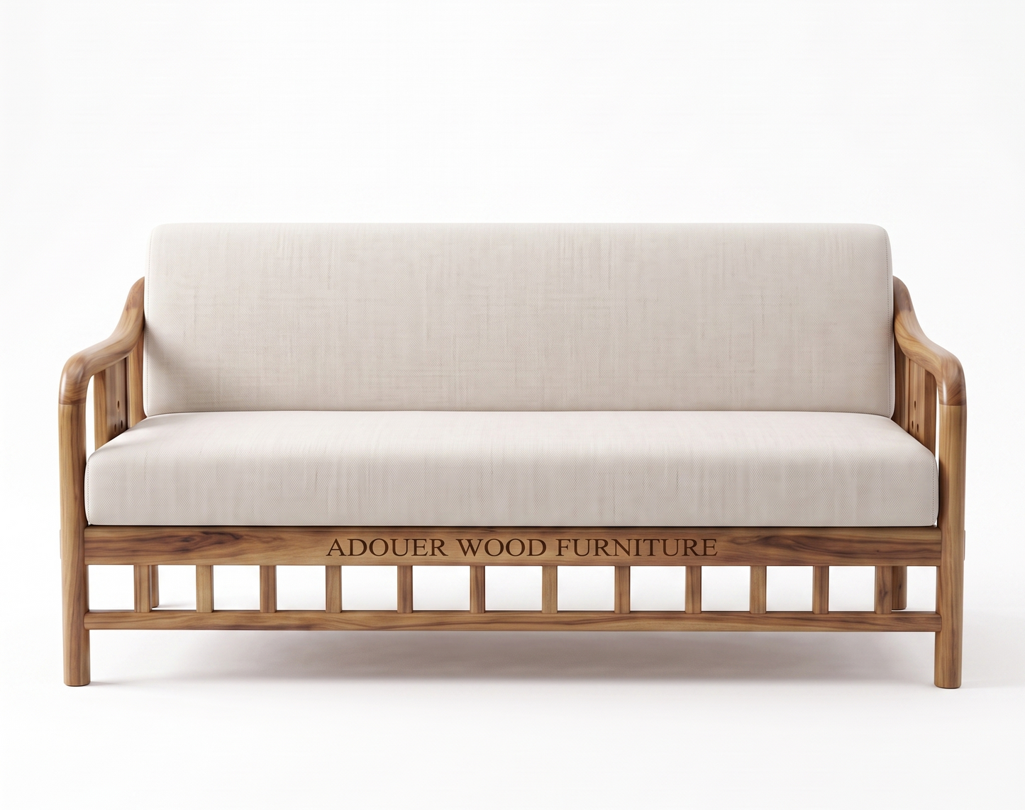 Adouer Wood Japandi Solid  Sheesham Wood Frame Sofa with Cream Linen-Feel Cushions