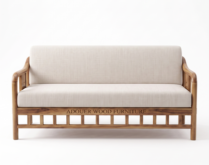 Adouer Wood Japandi Solid  Sheesham Wood Frame Sofa with Cream Linen-Feel Cushions