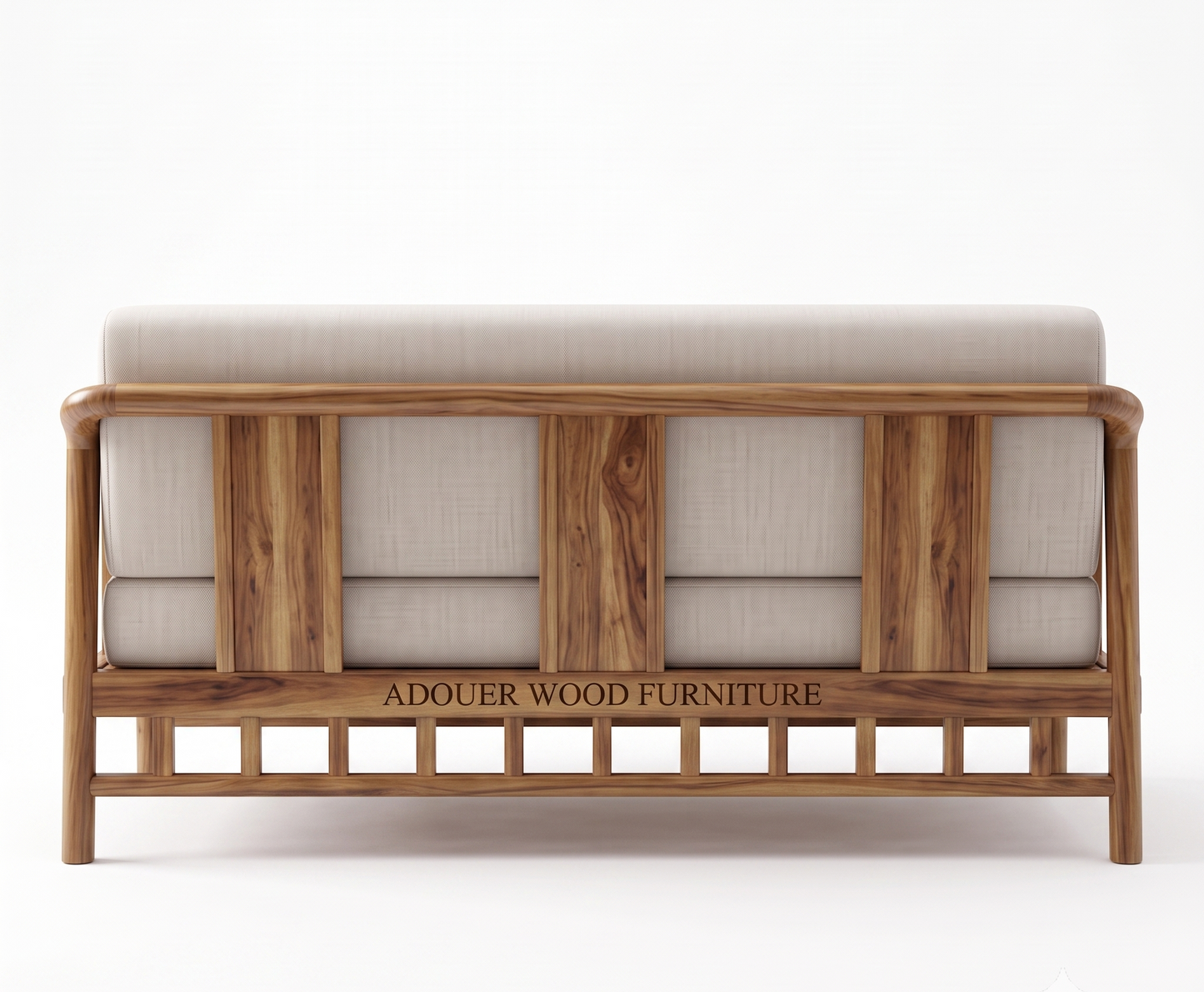 Adouer Wood Japandi Solid  Sheesham Wood Frame Sofa with Cream Linen-Feel Cushions