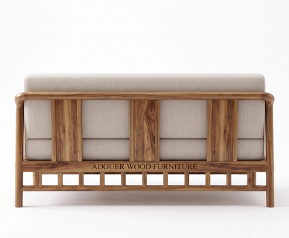 Adouer Wood Japandi Solid  Sheesham Wood Frame Sofa with Cream Linen-Feel Cushions