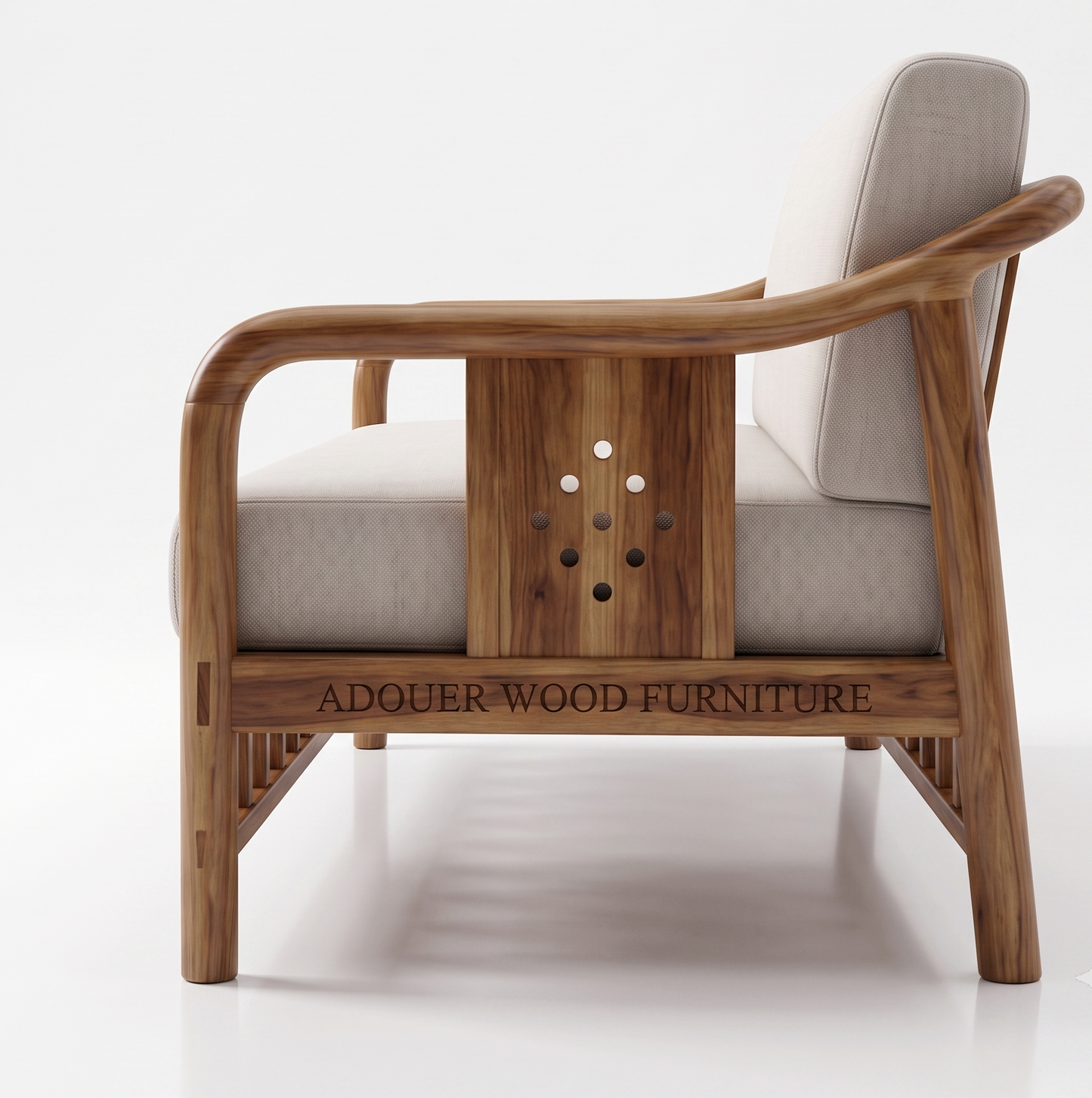 Adouer Wood Japandi Solid  Sheesham Wood Frame Sofa with Cream Linen-Feel Cushions