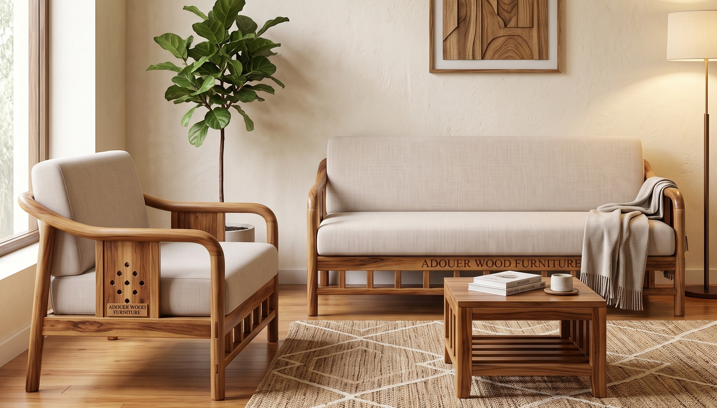 Adouer Wood Japandi Solid  Sheesham Wood Frame Sofa with Cream Linen-Feel Cushions