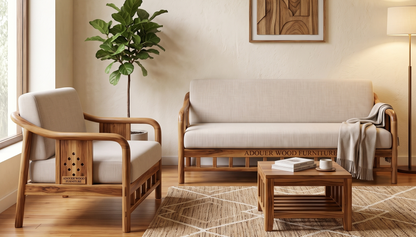 Adouer Wood Japandi Solid  Sheesham Wood Frame Sofa with Cream Linen-Feel Cushions