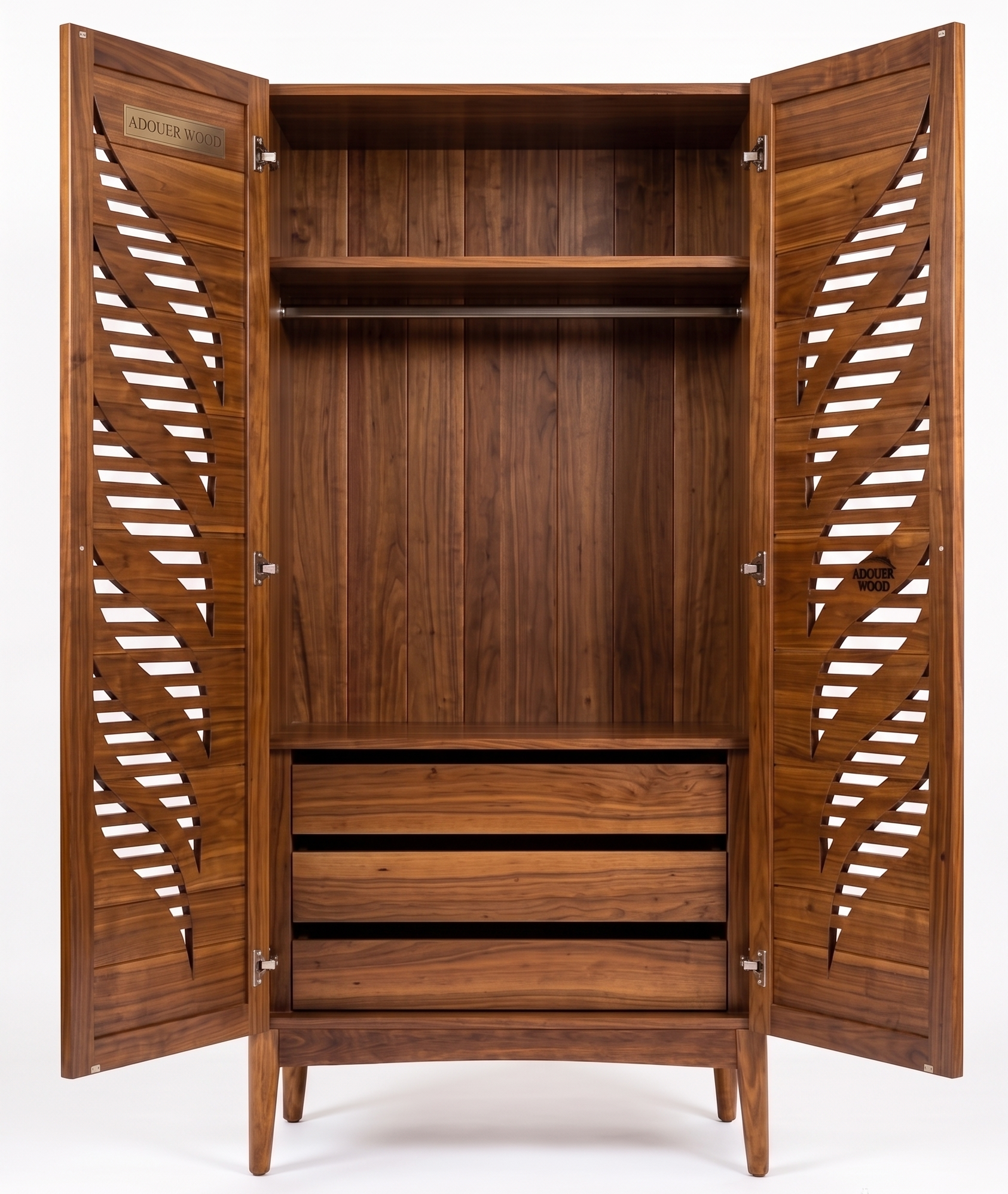 A wooden three-door wardrobe with open doors, featuring decorative leaf-patterned side panels, a hanging rod, two interior shelves, and three drawers at the bottom. The cabinet is made of dark brown wood with a visible grain, and a brass nameplate is mounted on the upper left door.