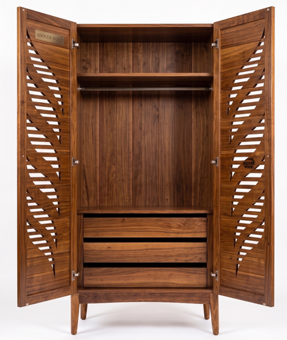 A wooden three-door wardrobe with open doors, featuring decorative leaf-patterned side panels, a hanging rod, two interior shelves, and three drawers at the bottom. The cabinet is made of dark brown wood with a visible grain, and a brass nameplate is mounted on the upper left door.