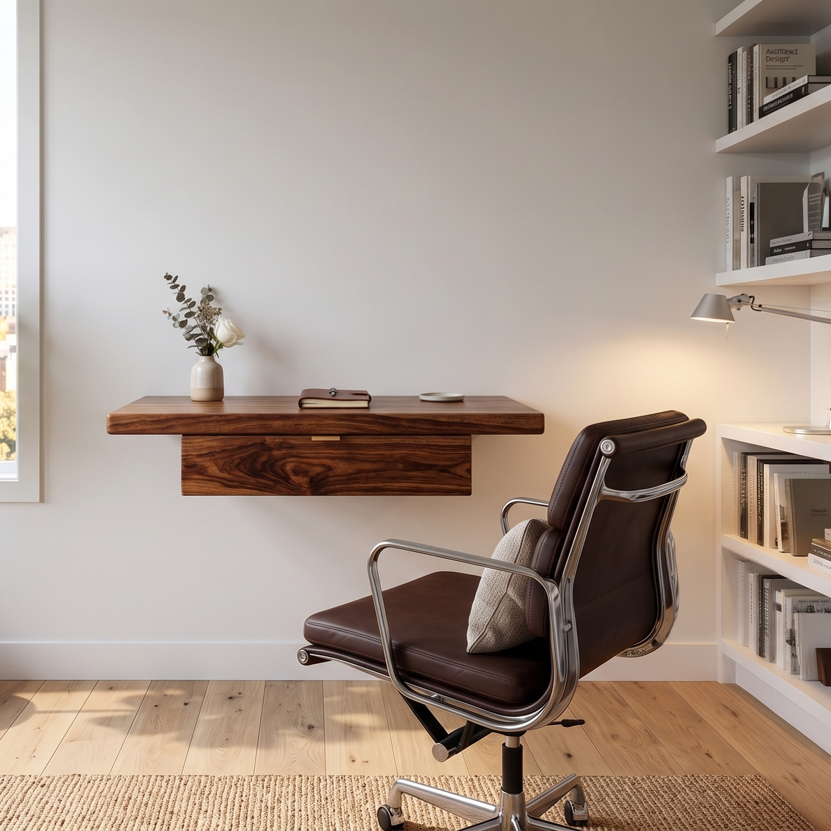 Modern home office with a wooden wall-mounted desk and brown office chair.