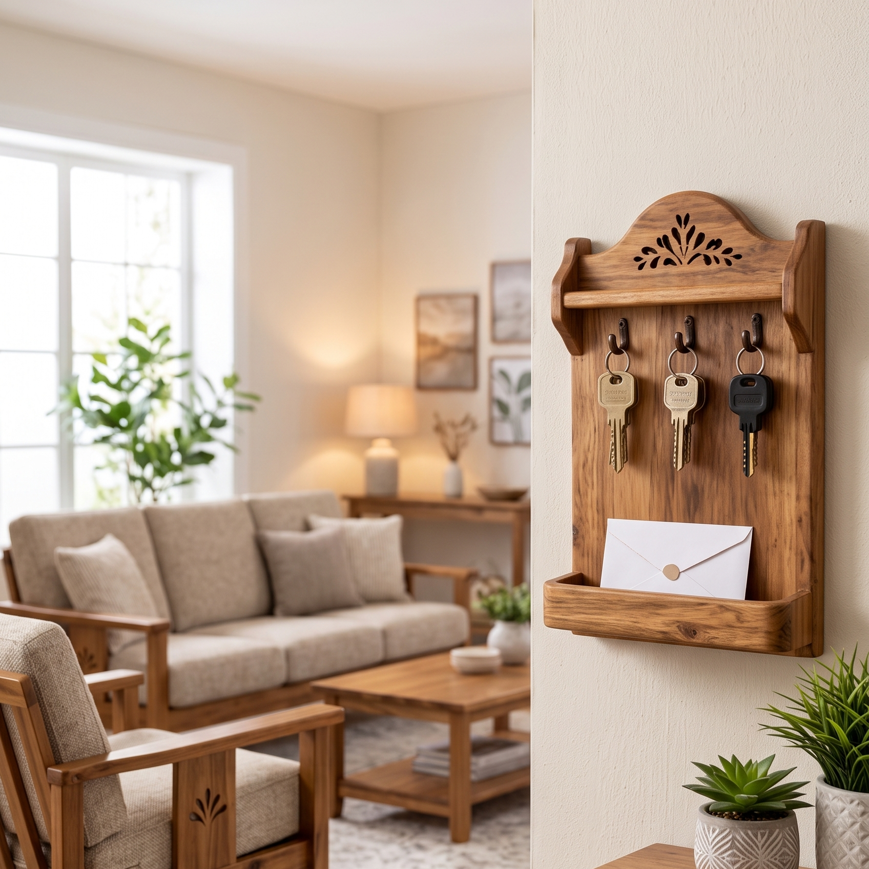 A wooden wall-mounted key holder with hooks and a small envelope slot, shown hanging on a beige wall in a softly lit living room with a sofa, table, and plants.