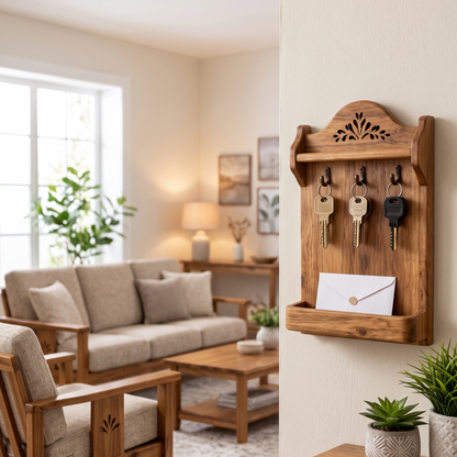 A wooden wall-mounted key holder with hooks and a small envelope slot, shown hanging on a beige wall in a softly lit living room with a sofa, table, and plants.