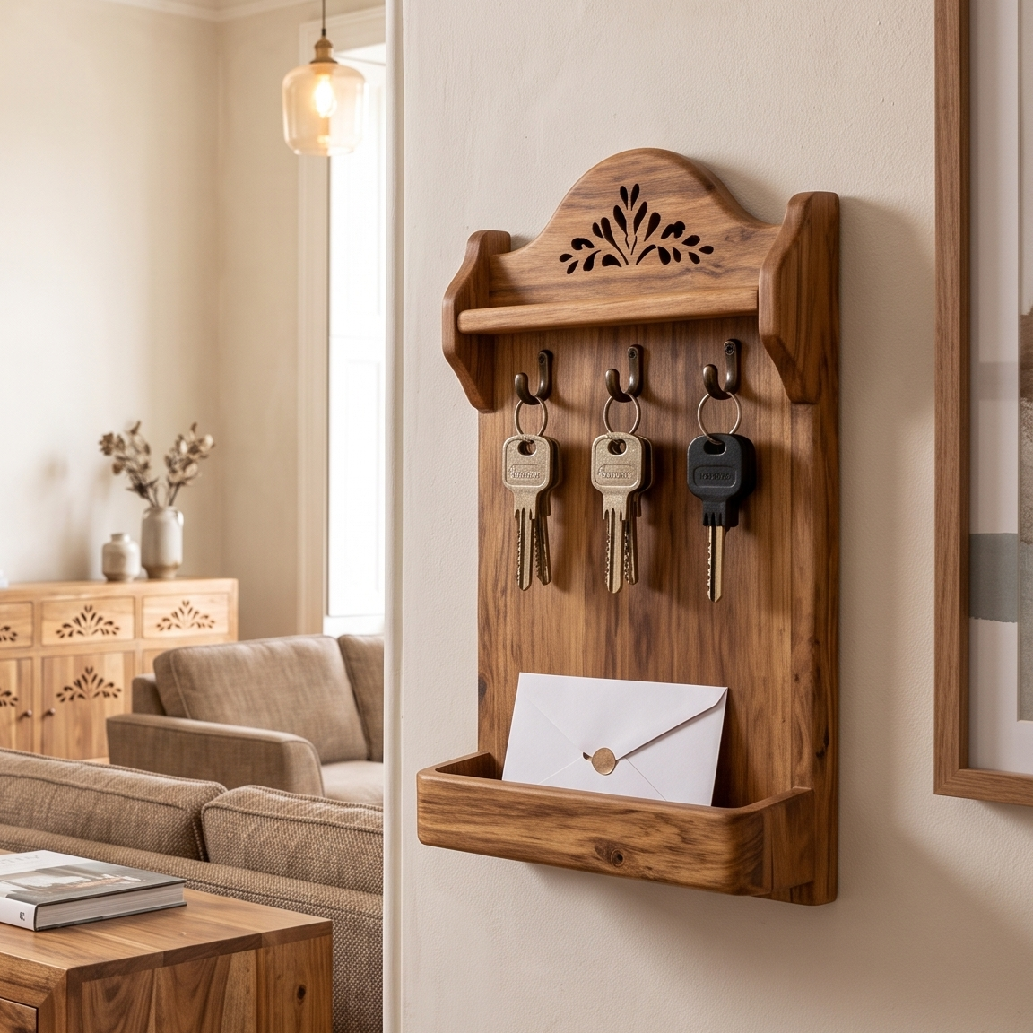 A wooden wall-mounted key rack and envelope holder with three hooks and a lower tray, shown installed on a beige wall in a living room. Keys hang on the hooks and a white envelope is placed in the tray.