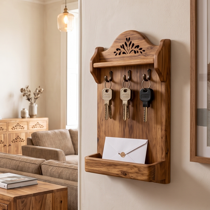 A wooden wall-mounted key rack and envelope holder with three hooks and a lower tray, shown installed on a beige wall in a living room. Keys hang on the hooks and a white envelope is placed in the tray.